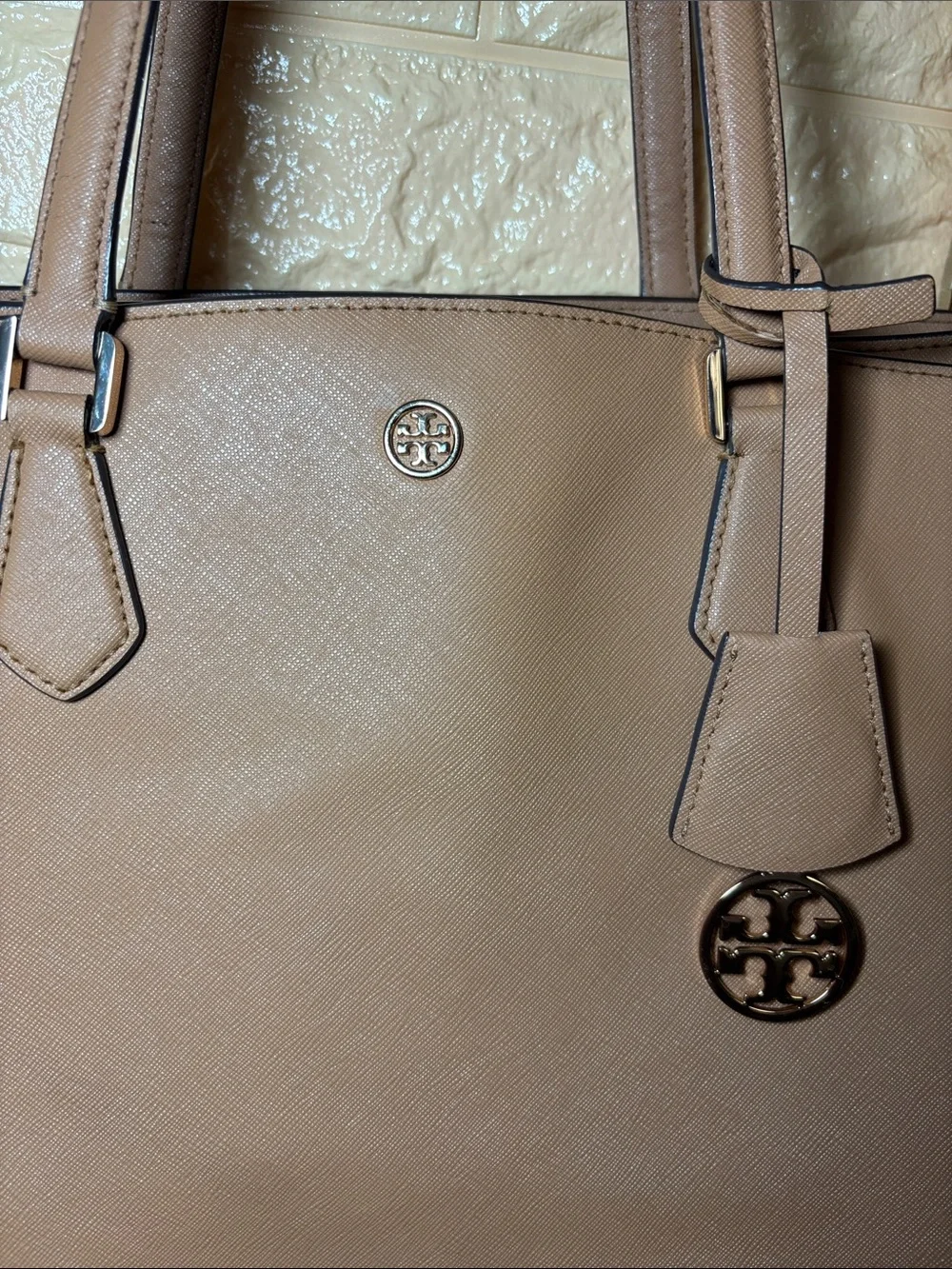 Tory Burch Tan Saffiano Leather Tote with Gold Logo 14.5”x11”x5.5”